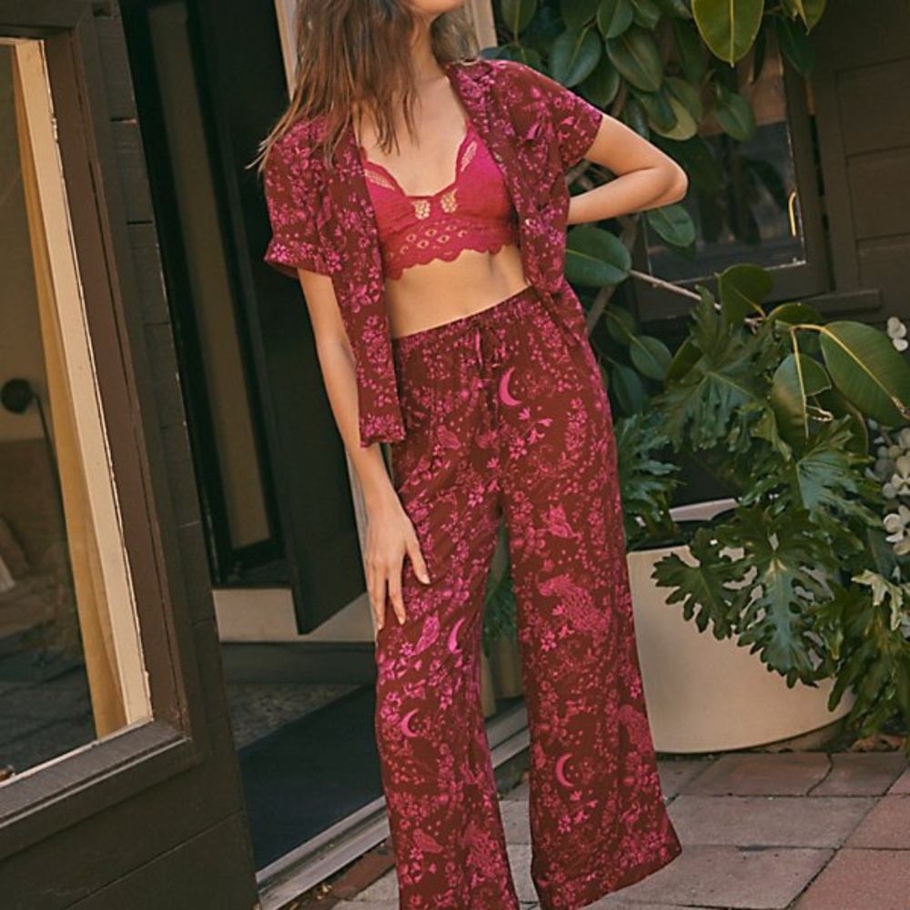 Free People Shiny Nights Pajama Set  XS Wine Combo